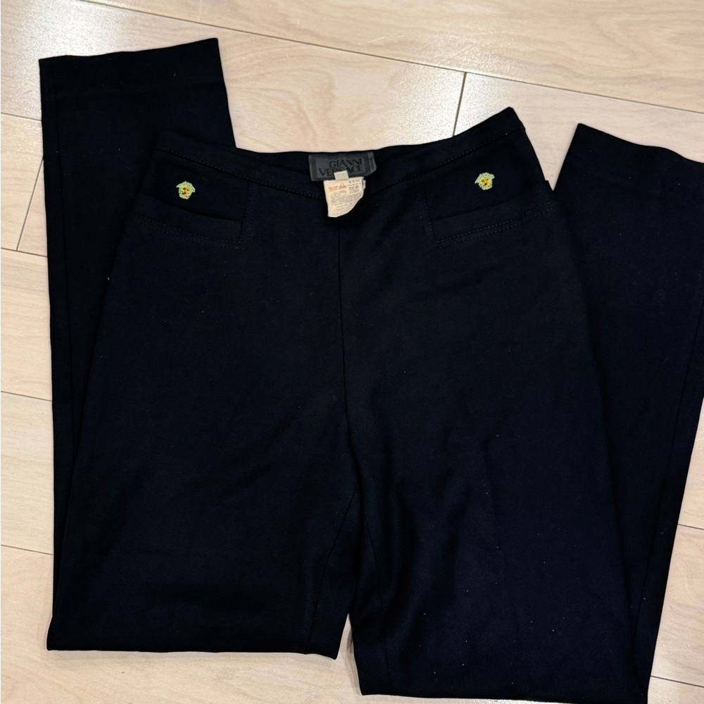 Gianni VERSACE Vintage Black Straight-Leg Pants with Embroidered Accent Sz 42